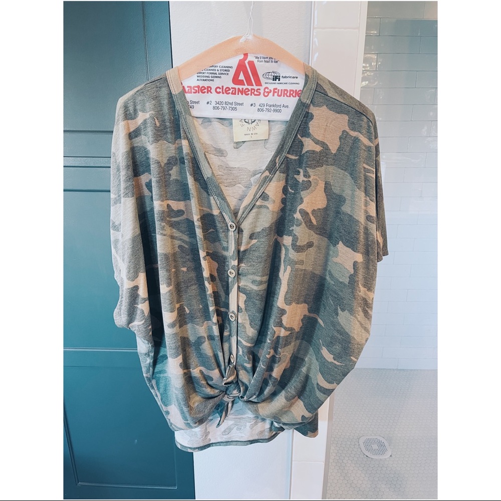Fantastic Fawn tie front camo blouse